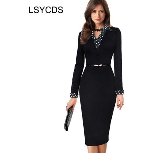 2020 Polka Dot office Dress Elegant Formal Black Lapel Party Work Business Wear Slim Bodycon Robe Femme Pencil Dress With Belt