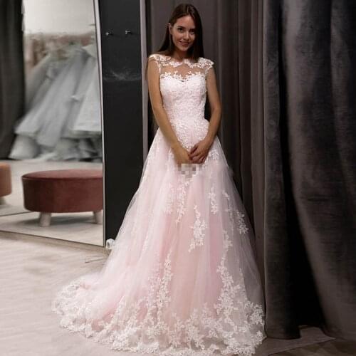 Pink New Wedding Dresses 2020 Sleeveless A-Line Appliques Illusion Back Bridal Dress Vestido De Noiva