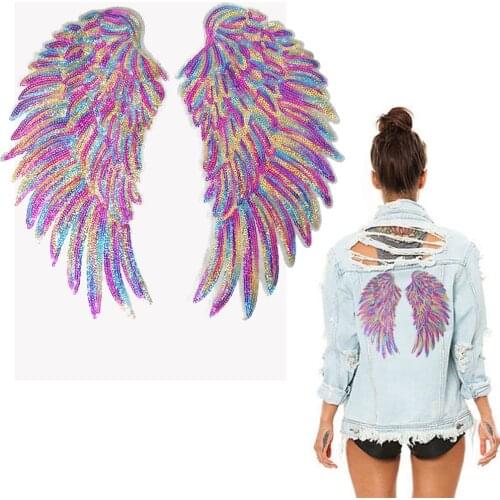 1Pair Rainbow Feather wing Sequin Appliques Embroidered Patch Dreamy Sew Iron On Patches Embroidered Badges For Clothes DIY