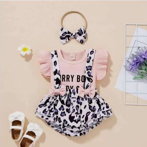 3Pcs Baby Summer Outfit, Short Sleeve T-Shirt + Leopard Print Suspenders Pantie + Hairband for Toddler Girl, 0-24 Months