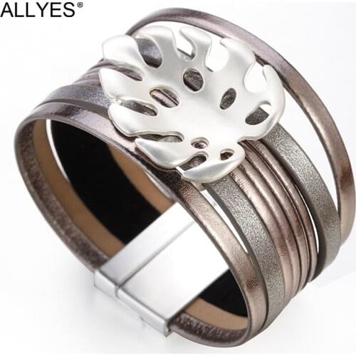 ALLYES Hollow Metal Leaf Charm Leather Bracelets for Women Bohemian Multilayer Wide Wrap Bracelet Female Jewelry