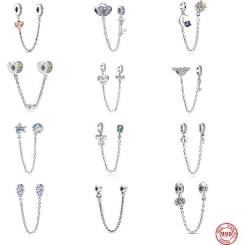 New 925 Sterling Silver European Family Safety Chain Beads Fit Original Pandora Charms Bracelet DIY Women Jewelry Accessories