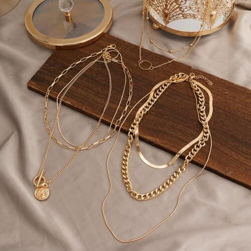 KISS WIFE Vintage Multi-layer Snake Thin Chain Necklace For Women Coin Pendant Necklace Punk Chunky Chain Fashion Jewelry Gift