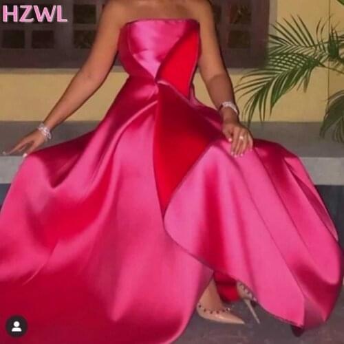 Fuchsia Strapless Simple Prom Dresses 2021 New Design Satin Ruched A Line Evening Gowns Plus Size Robe Party Dress