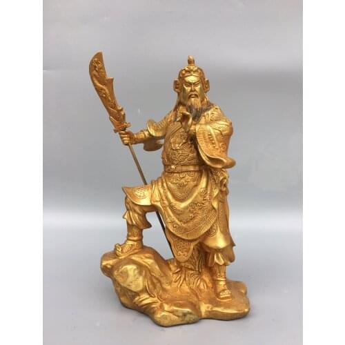10"Chinese temple collection Old Bronze Gilt Guan Yu Standing Buddha Guan Yu Take Guan Gong Knife Ornaments Town House Exorcism