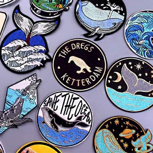 Whale Wave Patches On Clothes Cartoon Bird Embroidery Patch Sticker Moon Patch Planet Stripes Badge Iron On Patches For Clothing