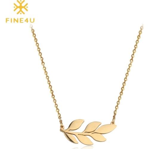 FINE4U N226 Mirror Polished Big Leaf Pendant Necklace Stainless Steel Long Chain Necklace For Unisex Tree Leaves Jewelry