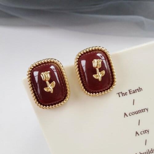 Simple Rose Square Earrings Clip Flowers Wine Red Daily Earrings