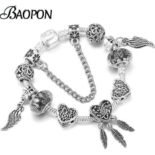 Silver Color Feather Charm Bracelet With Nice Glass Beads Fits Original Brand Bracelets For Women Jewelry Gift Dropshipping