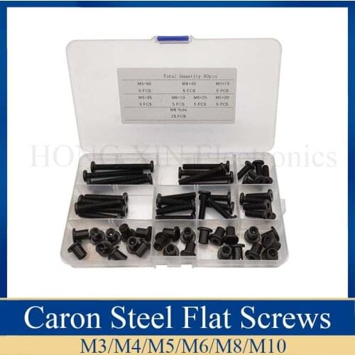 60pcs/set Black Flat Head Hex Drive Screw Down Side Furniture Screws M6*15/20/25/30/35/40/50 Bolt