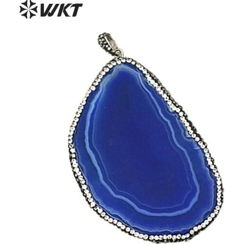 WT-NP242 Wholesale Fashion Blue Slice At gate Pendant with rhiestone beaded paved,in random shape blue stone pendant stone