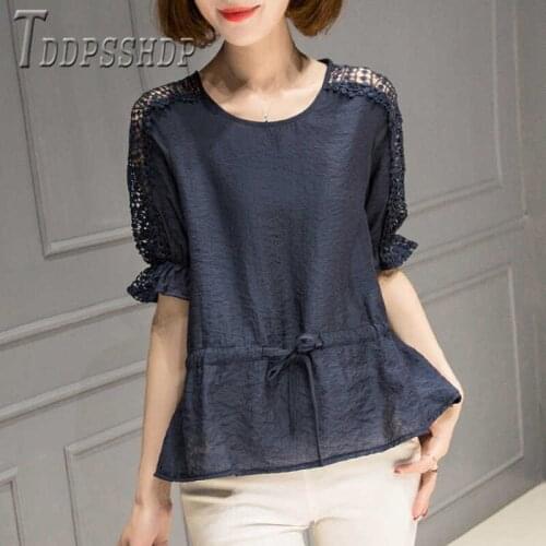 2020 Short Sleeve Casual Plus Size Women Blouse Round Neck Hollow Design Female Blouses