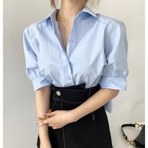 QOERLIN Back Pleated Shirts Women Summer Short Sleeve Loose Casual Short Blouse Female Office Ladies White Shirts Tops Button Up