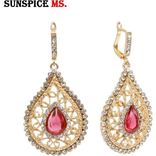 SUNSPICE MS Gold Color Crystal Hook Dangle Earring for Women Morocco Ethnic Wedding Jewelry Water Drop Shape Big Ear Pendants