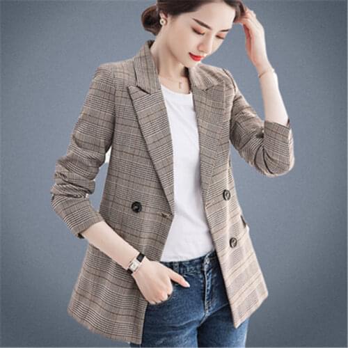 Ladies Plaid Blazer 2019 Spring New Korean Large Size Retro Casual British Style High Quality Casual Coffee Plaid Suit Women 624