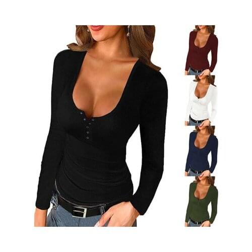 Womens Sexy Slim Pullover Fashion Solid Color V-neck Threaded Long Sleeve Inner Tops Womens Bottom Shirt Office Tops Autumn