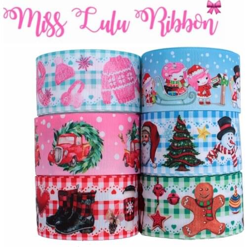 16mm-75mm Christmas Series Geometric Check Snowman Car Printed Grosgrain/Foe Ribbon DIY Hair Bowknots Tree Decor 50yards/roll