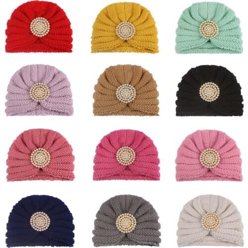 2021 Baby Accessories Hat for Newborn Children Baby Boy Girl Indian Turban Knit Hat Pearl Solid Color Warm Soft Top Hat Head Hat