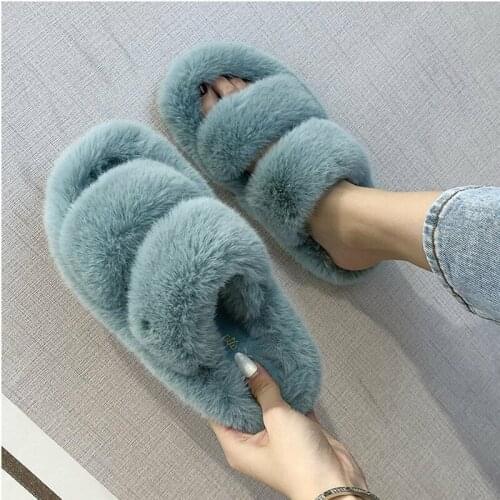 2021 Fluffy Home Slippers Women Faux Fur Slippers Cozy Furry Slides Open Toe Slip on Soft Slippers Plush Warm Shoes for female