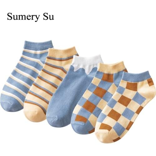 3 Pairs/Lot Ankle Casual Socks Women Short Outdoor Daily Wear Cotton Plaid Striped Cute Comfortable Sock Girl 5 Colors Hot Sale