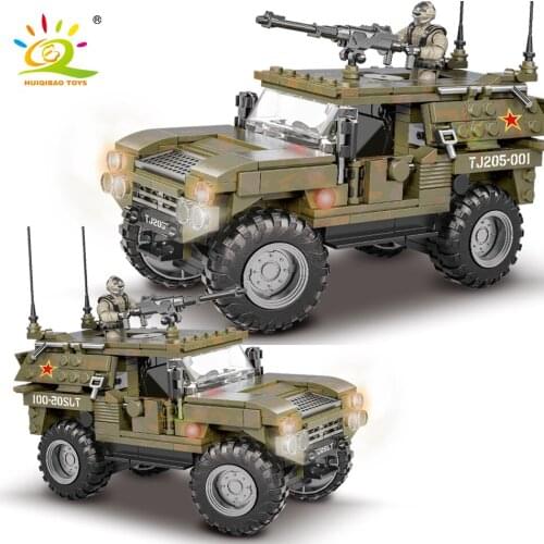 HUIQIBAO 405pcs Army WW2 Armored Vehicle Building Blocks For Children Military Truck with 2 Soldier Figures Bricks Car TOYS Gift
