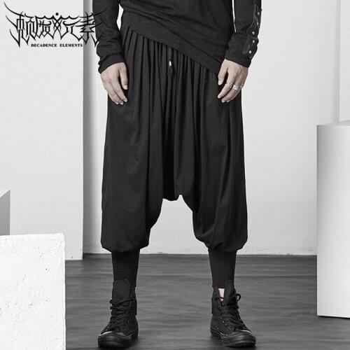 Low crotch cross pants mens skirt pants Hong Kong style alternative personality trendy mens harem pants loose dark black feet