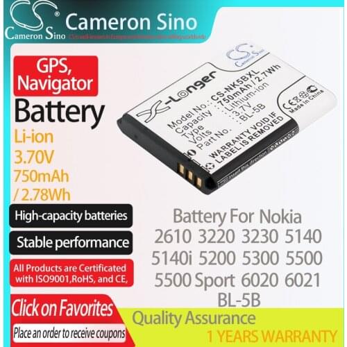 CameronSino Battery for Nokia 2610 3220 3230 5140 5140i 5200 5300 5500 5500 Sport 6020 fits Nokia BL-5B GPS,Navigator battery