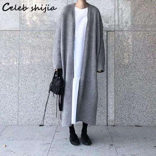 SHIJIA Harajuku Long Cardigan Women Sweater Gray Autumn Winter 2021 Full Sleeve Oversized Cardigan Knitted Femal Fall Coat