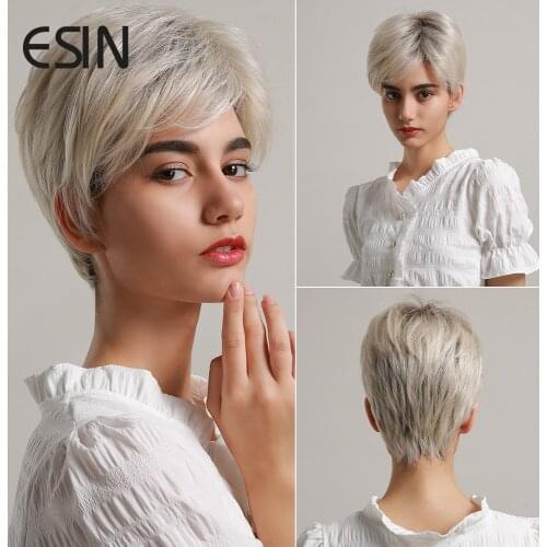 Esin Short Hair Wig Pixie Cut Light Grey Hair Wig Ombre Highlights Side Bangs Synthetic Short Straight Wig For Women 2 Colors