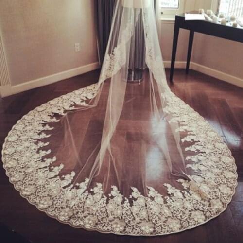 Hot New White Ivory Lace Cathedral Length Wedding Veils 3M 1Layer Applique Bridal Veils Free Comb Custom Size