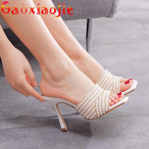 Gaoxiaojie Fashion Trend Design Pearl Lady Slipper 2021 New Shining Diamond Metal Chain Square Toe Summer High Heel Sandal Shoes