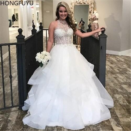 HONGFUYU Illusion O-neck Wedding Dresses Embroidered Beaded Organza Bridal Ball Gown with Pearls vestidos de noiva 2020 Wedding