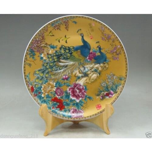 Chinese Famille Rose Porcelain noble painting 2 phoenix flowers Plate &Base