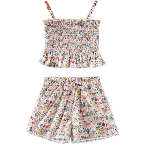 2021 Girls Clothes Set Multicolor Floral Printed Pattern Sleeveless Tops + Shorts Girls Kids Clothing Set Two Piece Set