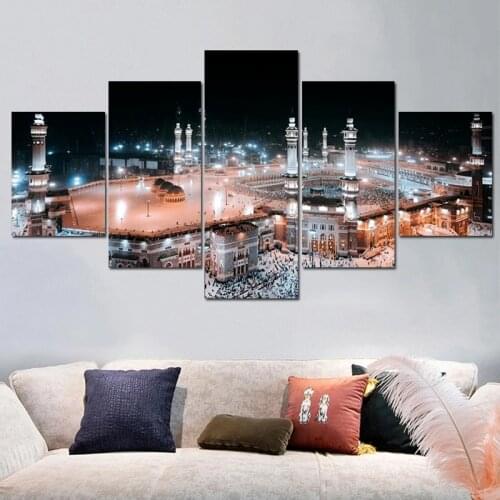 Mecca Mosque Hajj Islamic Building Poster and Prints 5 Panels Picture on Wall Decor Canvas Painting for Muslim Home Decoration