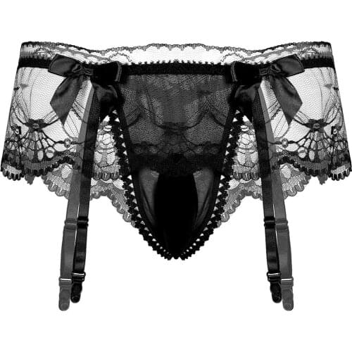 Men Sissy Lingerie Panties Underwear See Through Lace Briefs With Garter Sexy Underwear With Penis Sheath Panties Erotic Lingeri