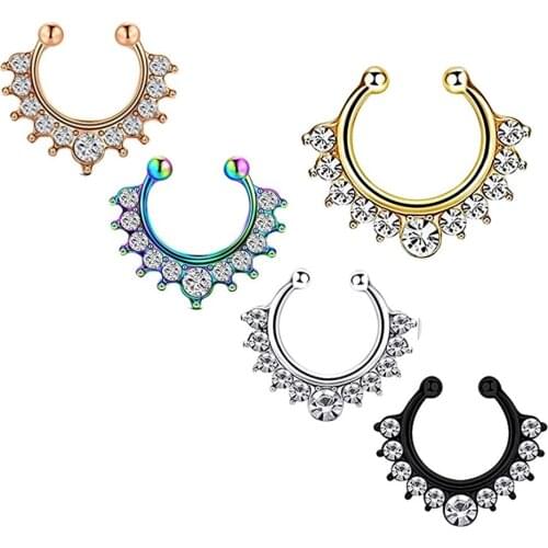 Nose Rings Fake 16G Stainless Steel Inlaid CZ Faux Piercing Jewelry Fake Nose Ring Spring Clip on Circle Hoop No Pierced Septum