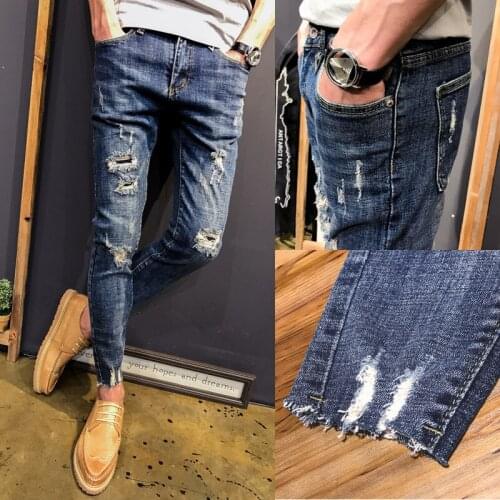 Wholesale 2020 Fashion Casual teenagers hip hoBeggar jeans mens slim feet raw edges jeans male social spirits pencil pants