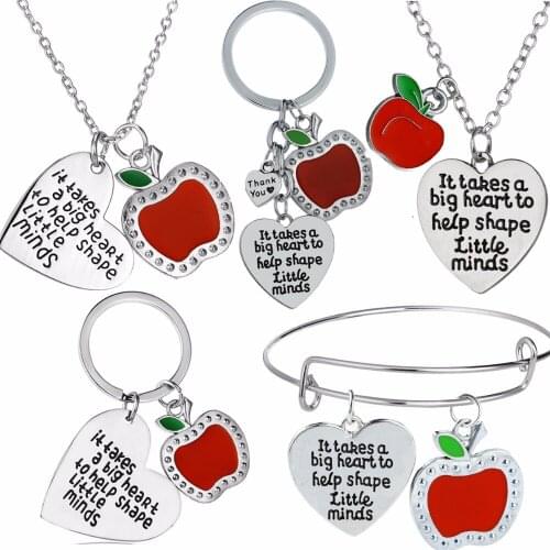 Teachers Necklaces Gift For Teacher Keychain Keyring Apple Love Heart Charms Thank You Teachers Bracelets Teachers Day Presents