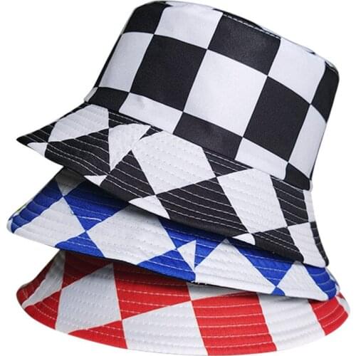 Foldable Bucket-Hats Black Red Plaid Sunscreen Men Women Panama Hat Cotton Fashion Anti-sun Hip Hop Gorros Fisherman Cat