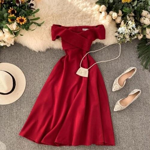 Neploe Sexy Slash Neck Strapless Shoulder Solid Dress Party Temperament Cross Design Slim Zipper Dress High Waist Ropa 47873