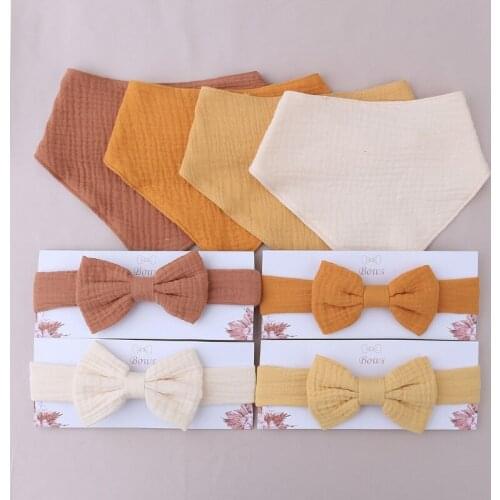 Princess Bowknot Hair Band Solid Color Snap Button Bib Set Cotton Baby Elastic Bow Headband Feeding Drool Saliva Towel