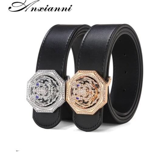 Anxianni Luxury Tiger Belt for Men Genuine Leather Smooth buckle Gold Male Fashionable Cowhide Belt