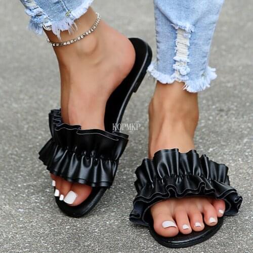 BlACK New Spring Summer Round Toe Shallow Pu Leather Pleated Platform Sandals Women Shoes Fashion Flat Zapatillas Casa Mujer