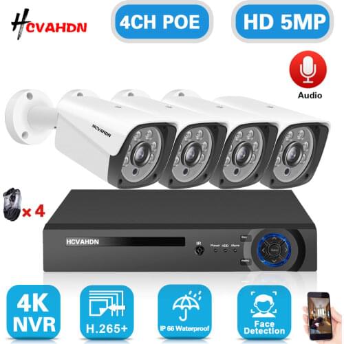 H.265 4CH POE NVR Kit 4K Motion Detection Video Surveillance Camera System Kit 5MP POE IP CCTV Security Camera System Set XMEYE
