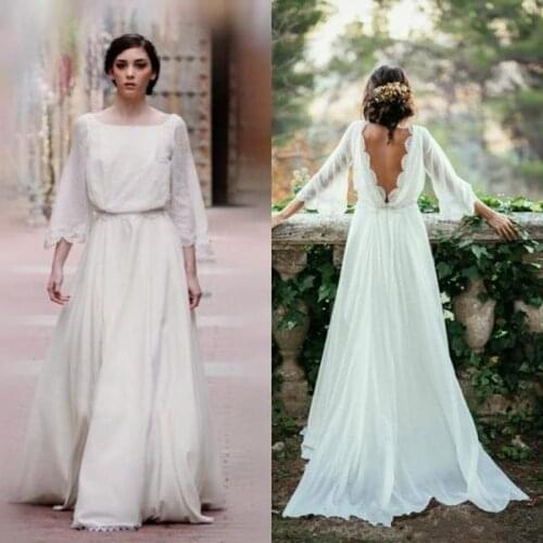 Unique On Sale A Line White Backless Bridal Wedding Dresses Chiffon Lace 3/4 Sleeves Bateau Neckline Wedding Gowns for Bride