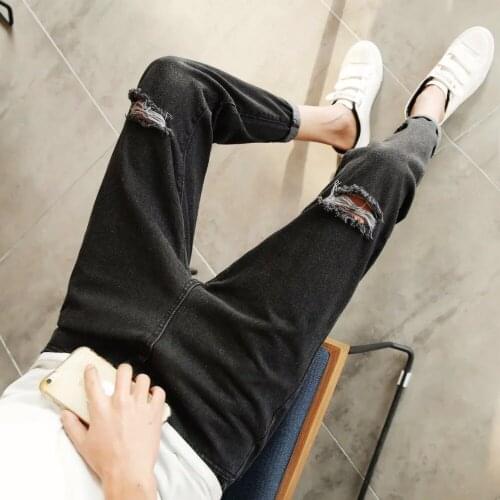 High quality 2020 wholesale boys denim jeans male hole knee hip hop black blue students teenagers pencil pants Ankle length pant