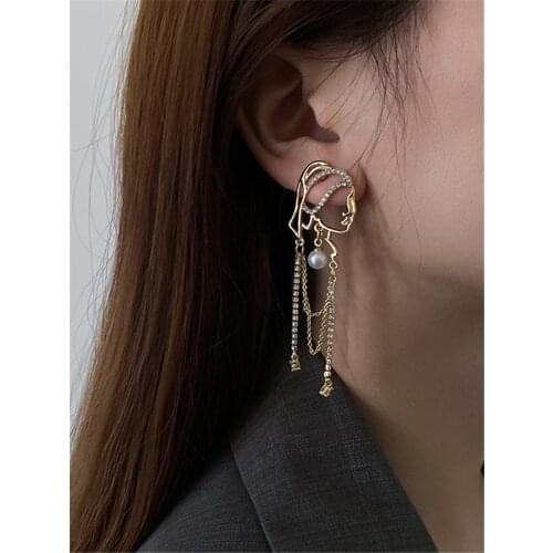 IOY IRENE Pearl Crystal Portrait Chain Tassel Earrings Vintage French Personality Hyperbole Long Earrings Women Fashion Jewelry