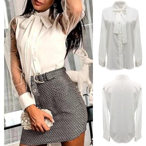 Women Fashion See Through Sleeve Stand Collar Ribbon Buttons Shirt Blouse Top Long Sleeve Turn-down Collar Blouse Work Shirt Top