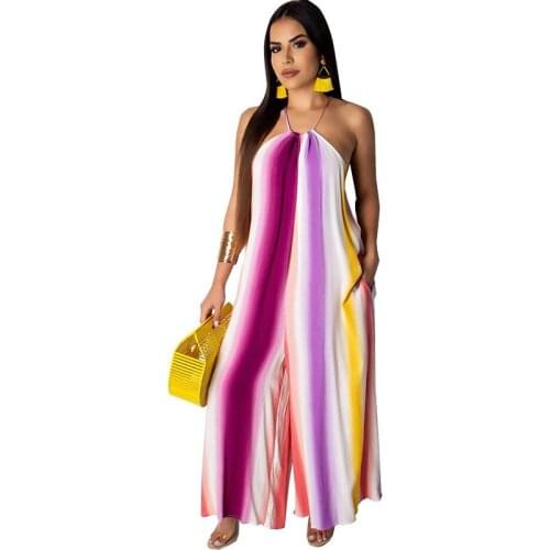 Rainbow Striped Culotte Jumpsuit Summer Romper Women Halter Sleeveless Off Shoulder Boho Elegant Loose Overalls Palazzo Pants